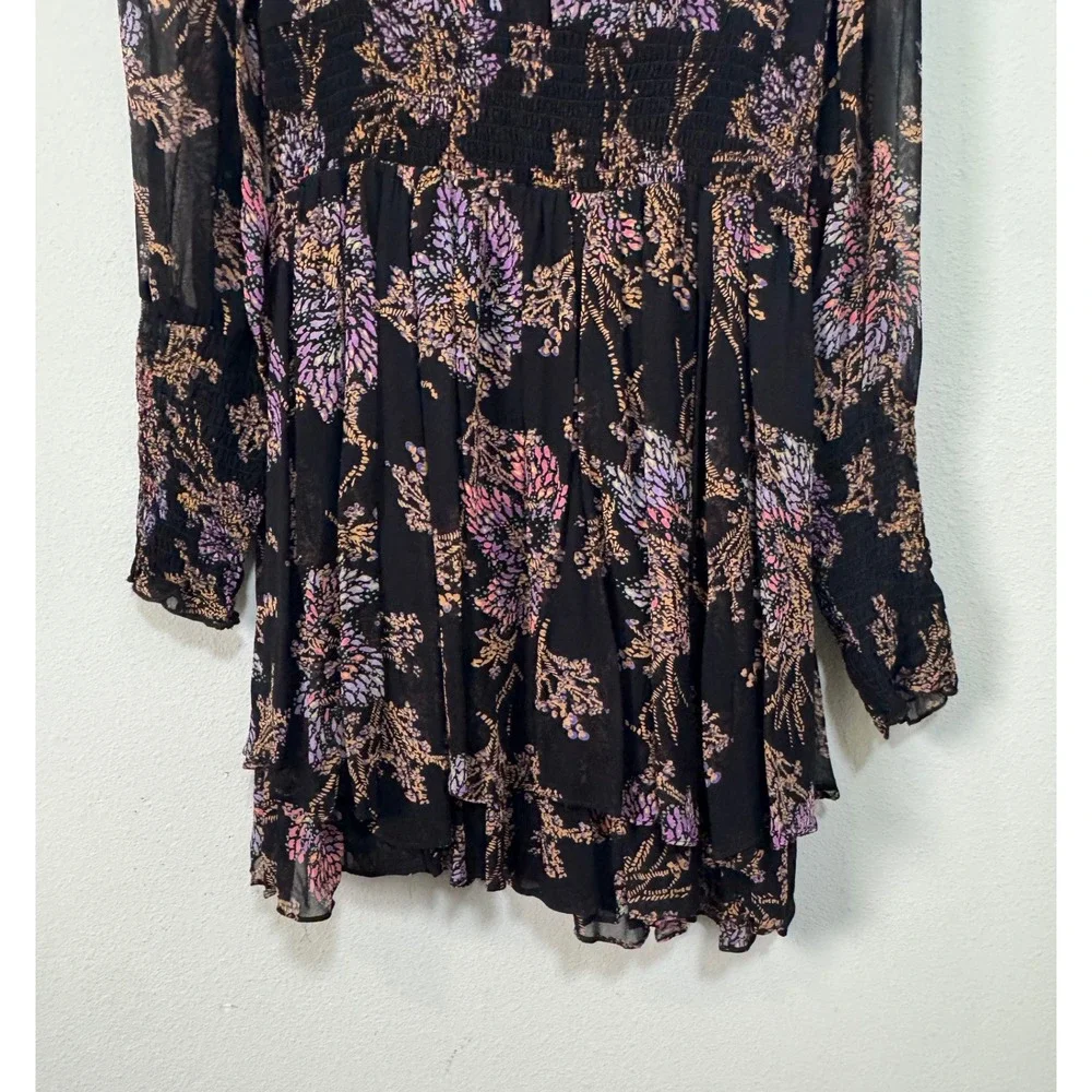 Free People Fake Pretend Black Floral Print Long Sleeve Mini Dress Smocked Waist